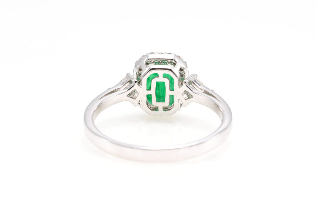 Zambian Emerald & Kite Diamond Halo Ring in 18K white gold — view 2
