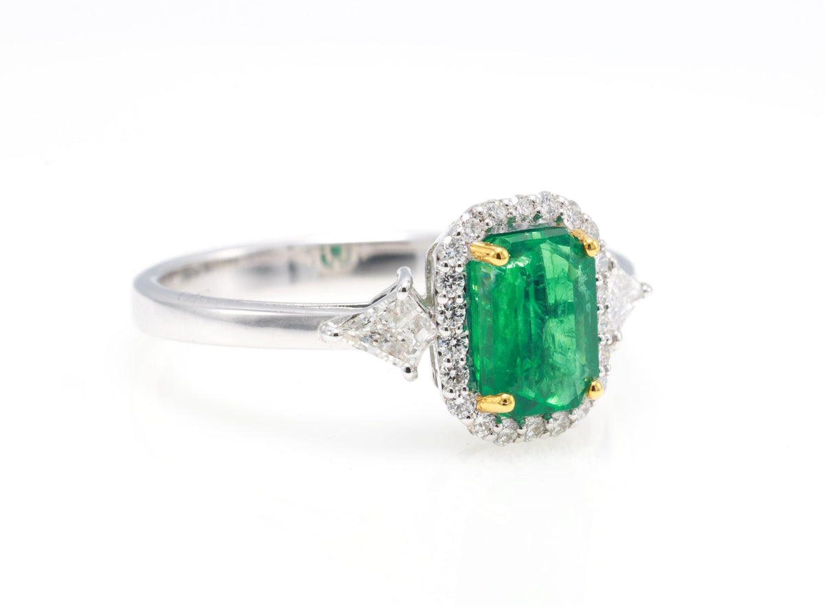 Zambian Emerald & Kite Diamond Halo Ring in 18K white gold — view 3