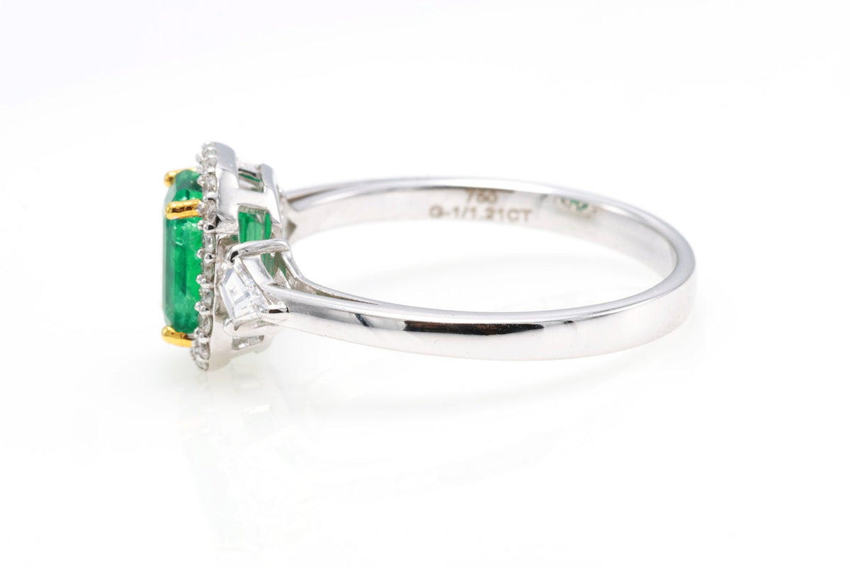 Zambian Emerald & Kite Diamond Halo Ring in 18K white gold — view 5