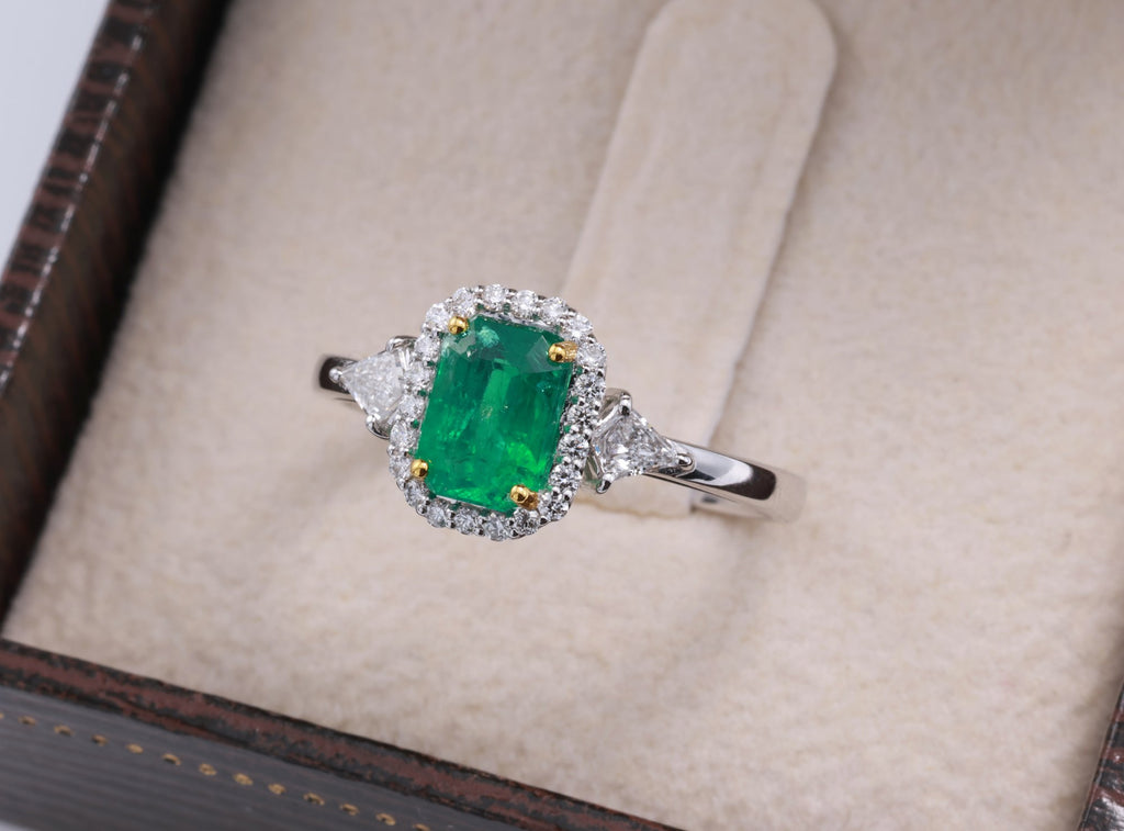 Zambian Emerald & Kite Diamond Halo Ring in 18K white gold — view 6