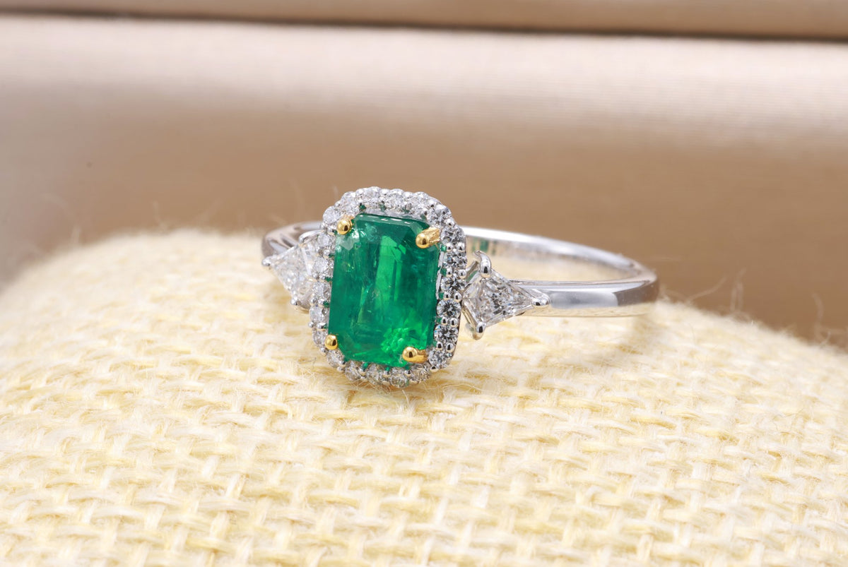 Zambian Emerald & Kite Diamond Halo Ring in 18K white gold — view 7