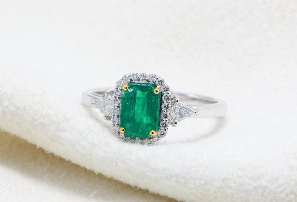Zambian Emerald & Kite Diamond Halo Ring in 18K white gold — view 8