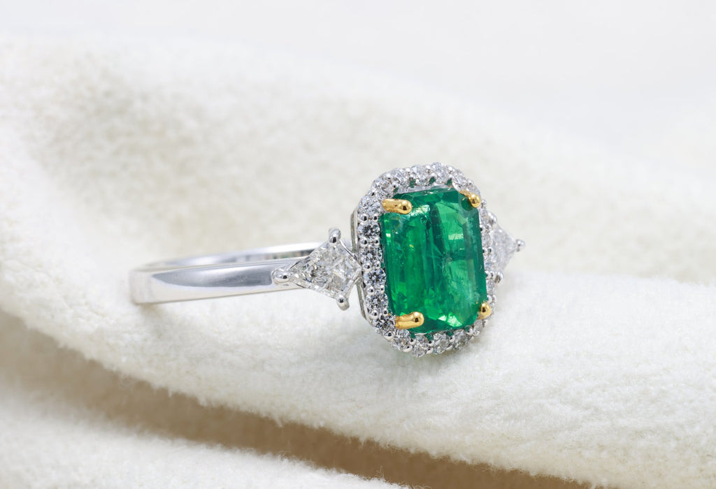 Zambian Emerald & Kite Diamond Halo Ring in 18K white gold — view 9
