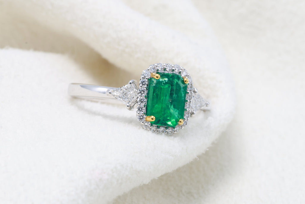 Zambian Emerald & Kite Diamond Halo Ring in 18K white gold — view 10