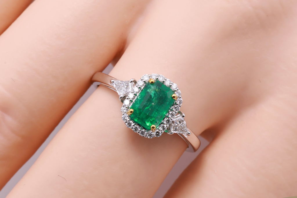 Zambian Emerald & Kite Diamond Halo Ring in 18K white gold — view 11