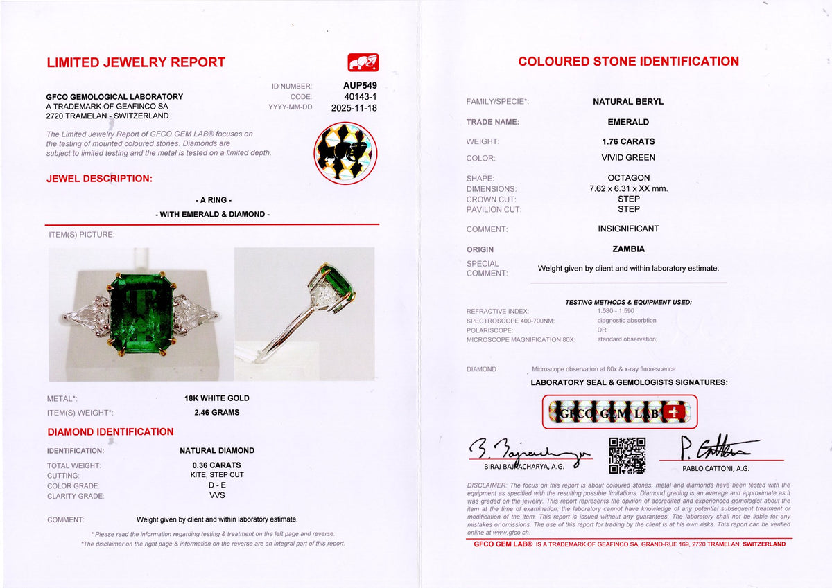 Zambian Emerald & Shield Diamond Three-Stone Ring — GFCO laboratory report
