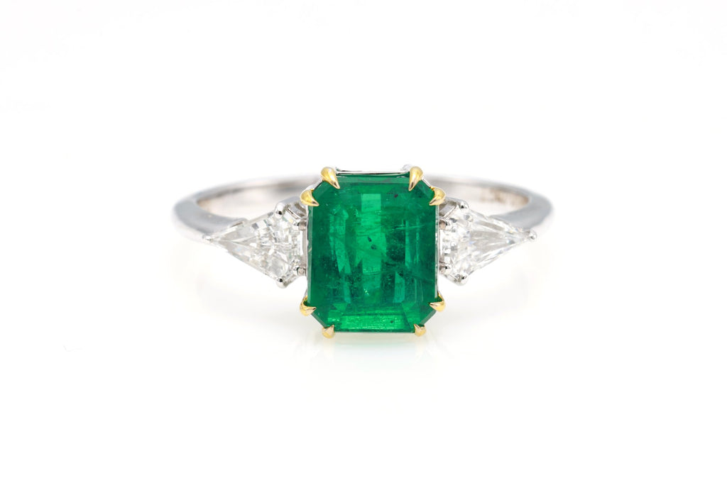 Zambian Emerald & Shield Diamond Three-Stone Ring in 18K white gold — view 1