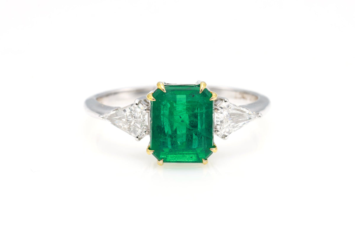 Zambian Emerald & Shield Diamond Three-Stone Ring in 18K white gold — view 1