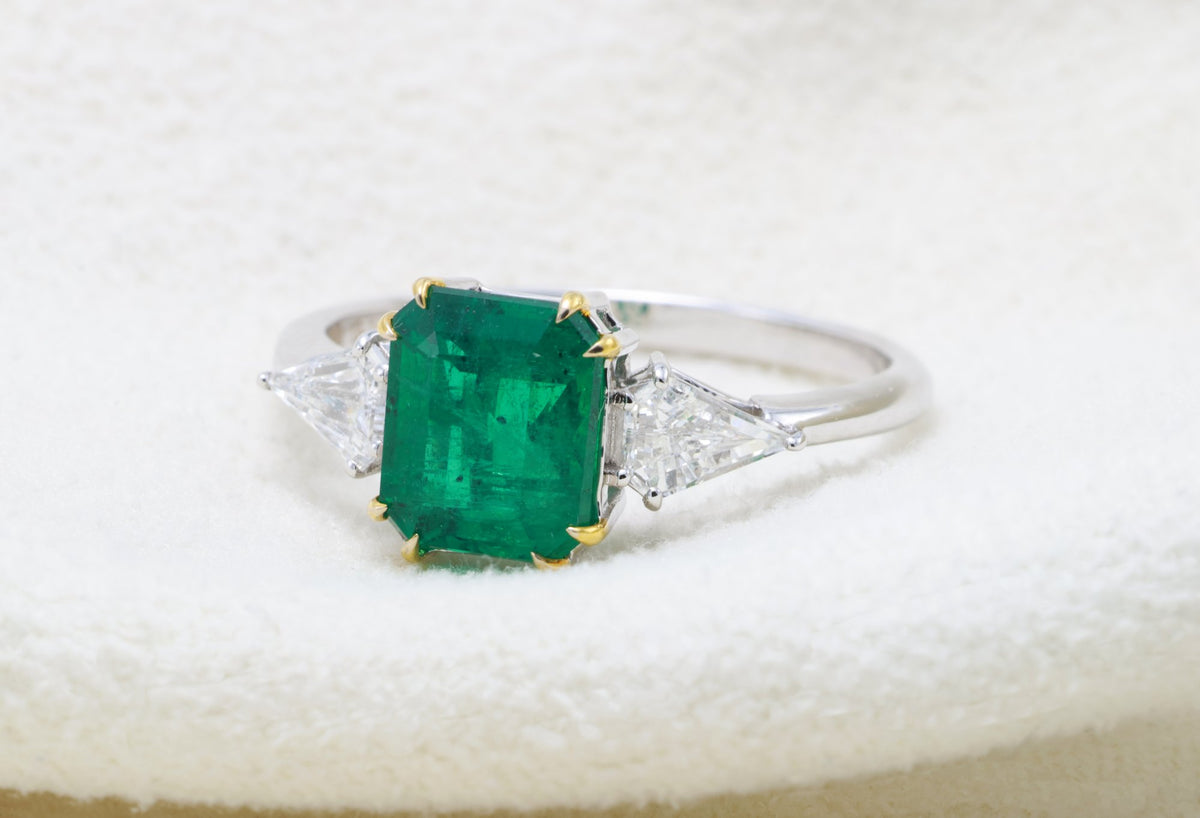 Zambian Emerald & Shield Diamond Three-Stone Ring in 18K white gold — view 3