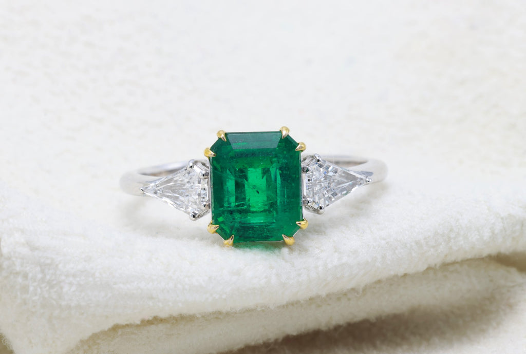 Zambian Emerald & Shield Diamond Three-Stone Ring in 18K white gold — view 4