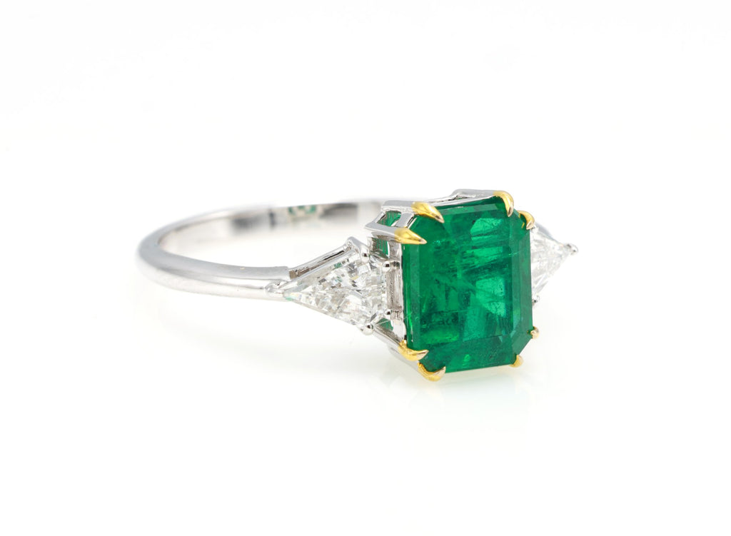 Zambian Emerald & Shield Diamond Three-Stone Ring in 18K white gold — view 6