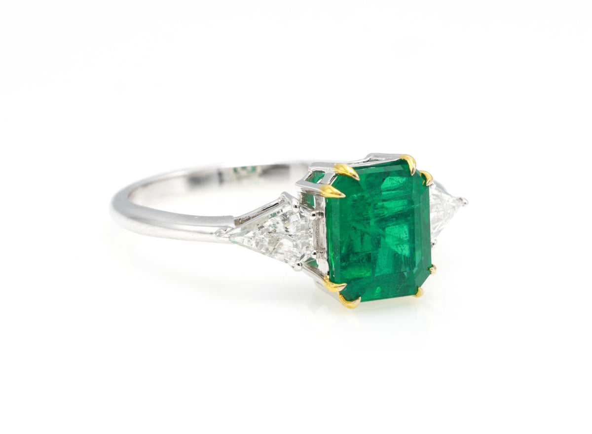 Zambian Emerald & Shield Diamond Three-Stone Ring in 18K white gold — view 6