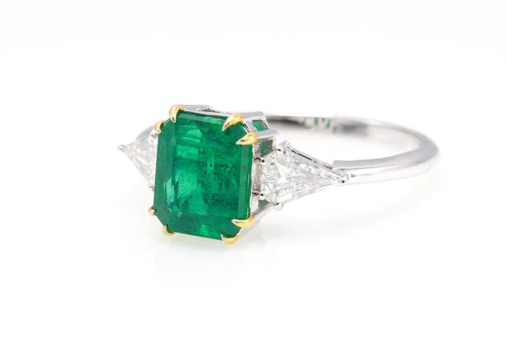 Zambian Emerald & Shield Diamond Three-Stone Ring in 18K white gold — view 7