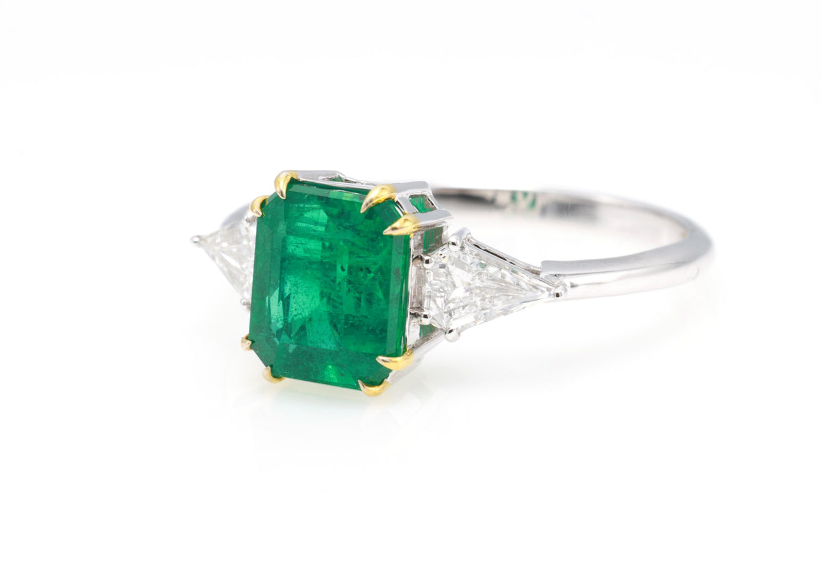 Zambian Emerald & Shield Diamond Three-Stone Ring in 18K white gold — view 7