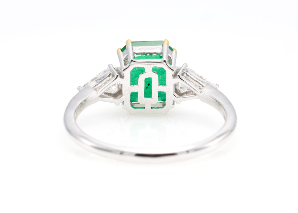 Zambian Emerald & Shield Diamond Three-Stone Ring in 18K white gold — view 8