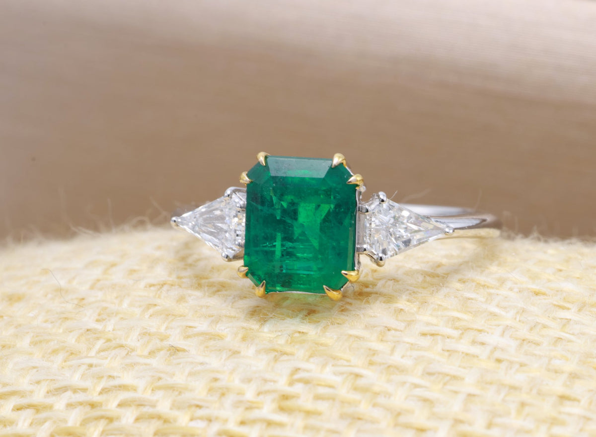 Zambian Emerald & Shield Diamond Three-Stone Ring in 18K white gold — view 9