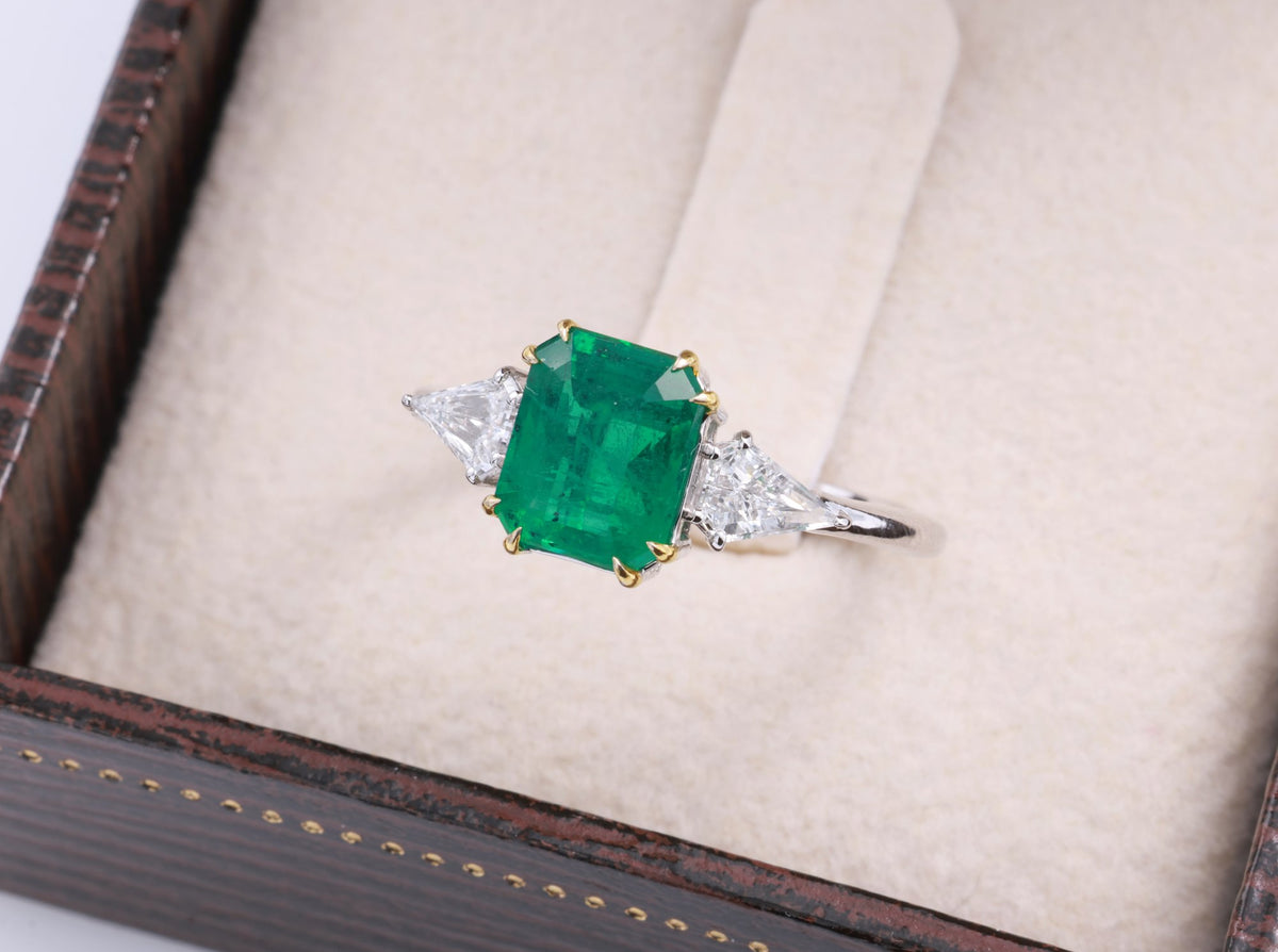 Zambian Emerald & Shield Diamond Three-Stone Ring in 18K white gold — view 10
