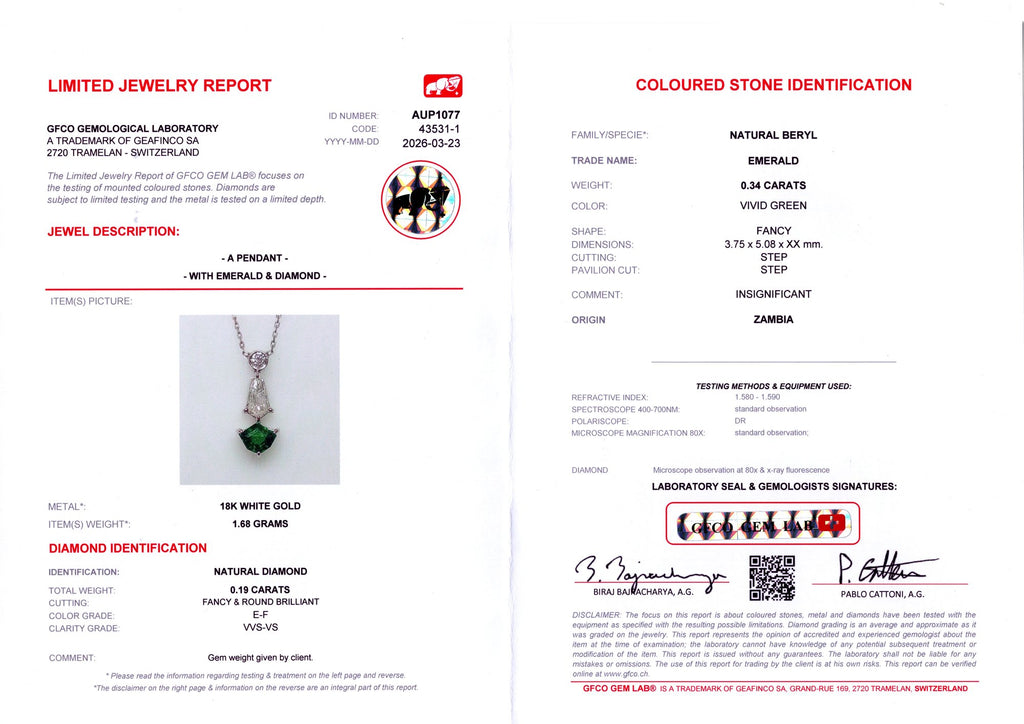 Zambian Emerald Shield Drop Pendant — GFCO laboratory report
