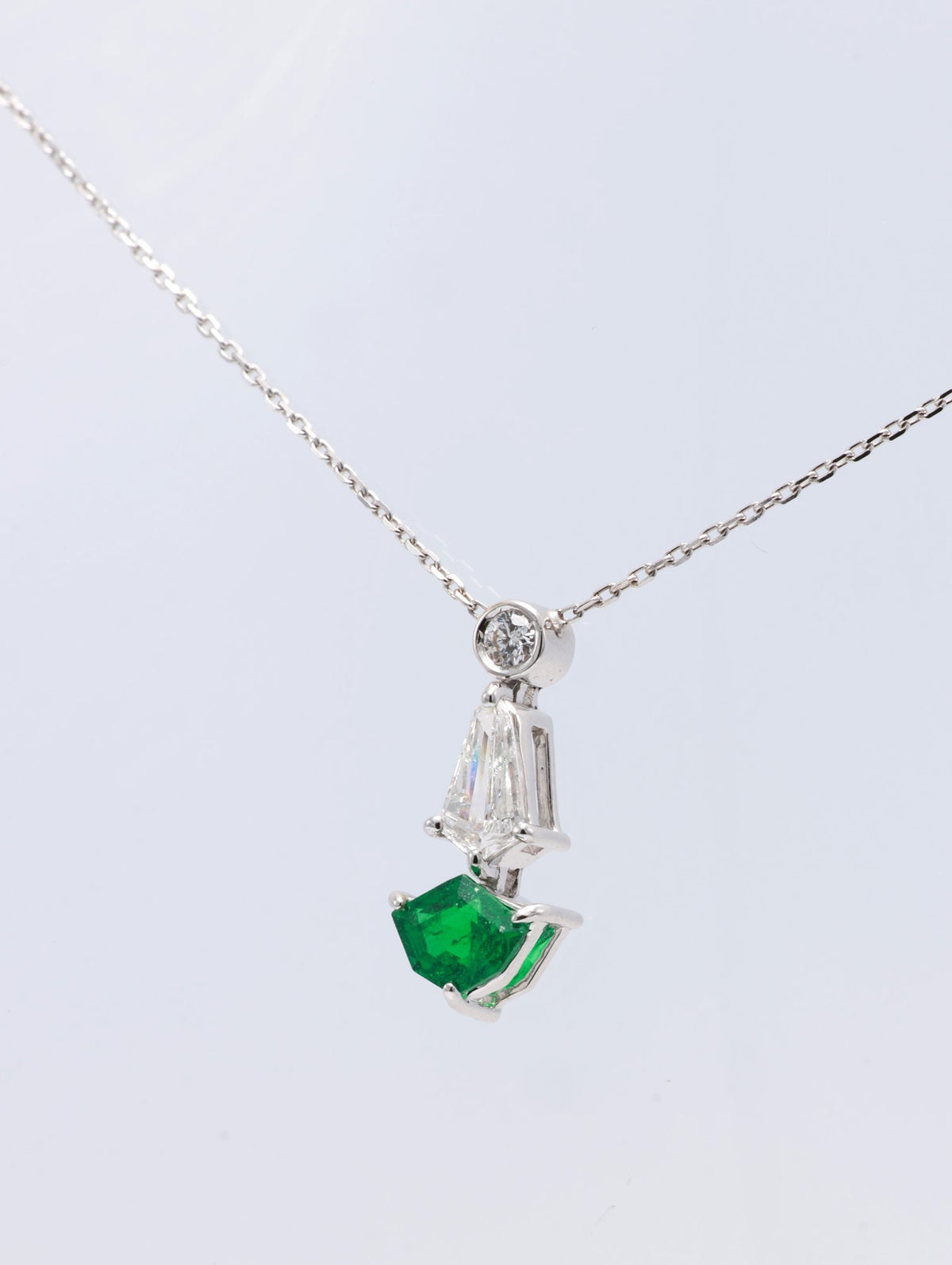 Zambian Emerald Shield Drop Pendant in 18K white gold — view 1