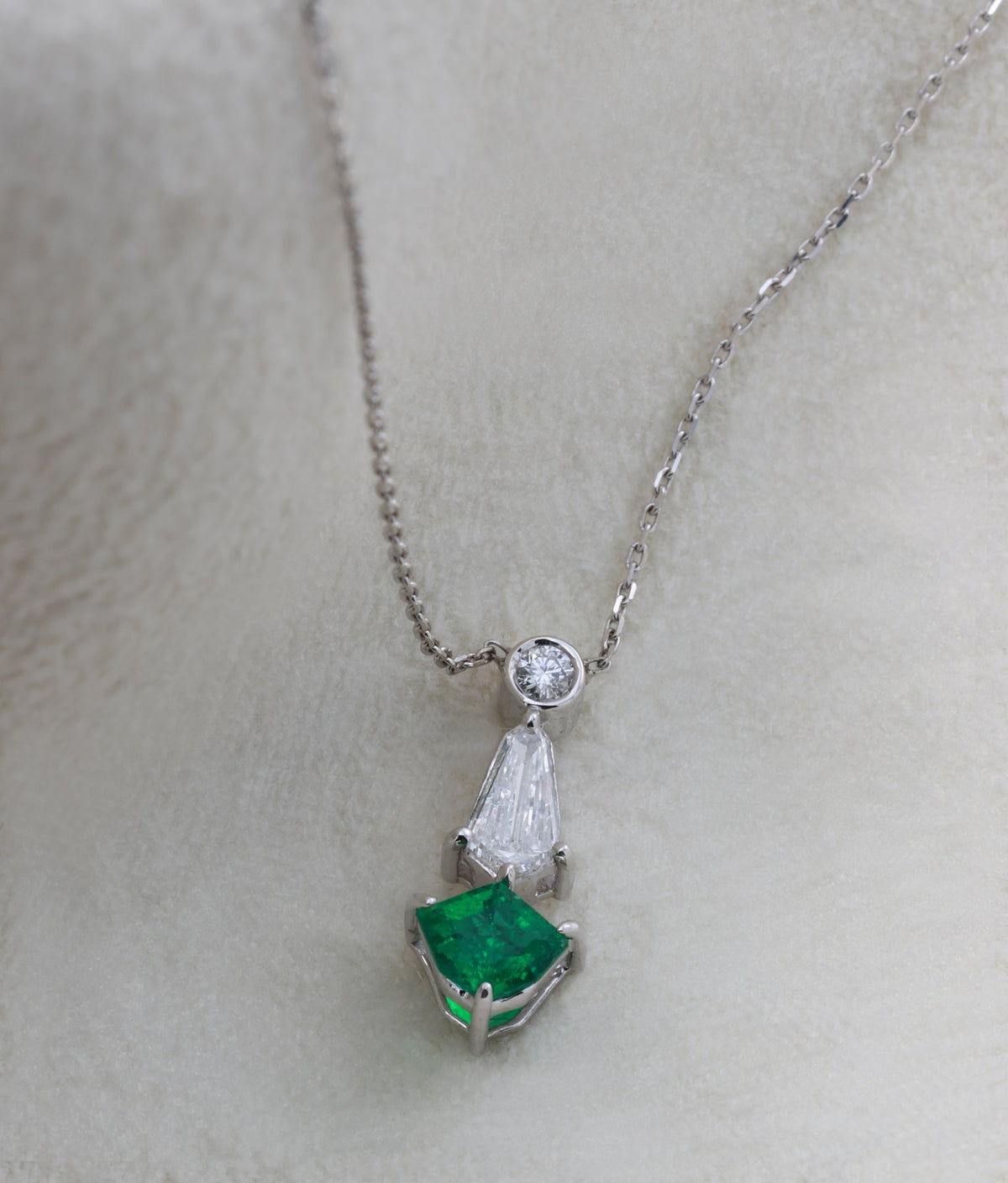 Zambian Emerald Shield Drop Pendant in 18K white gold — view 2