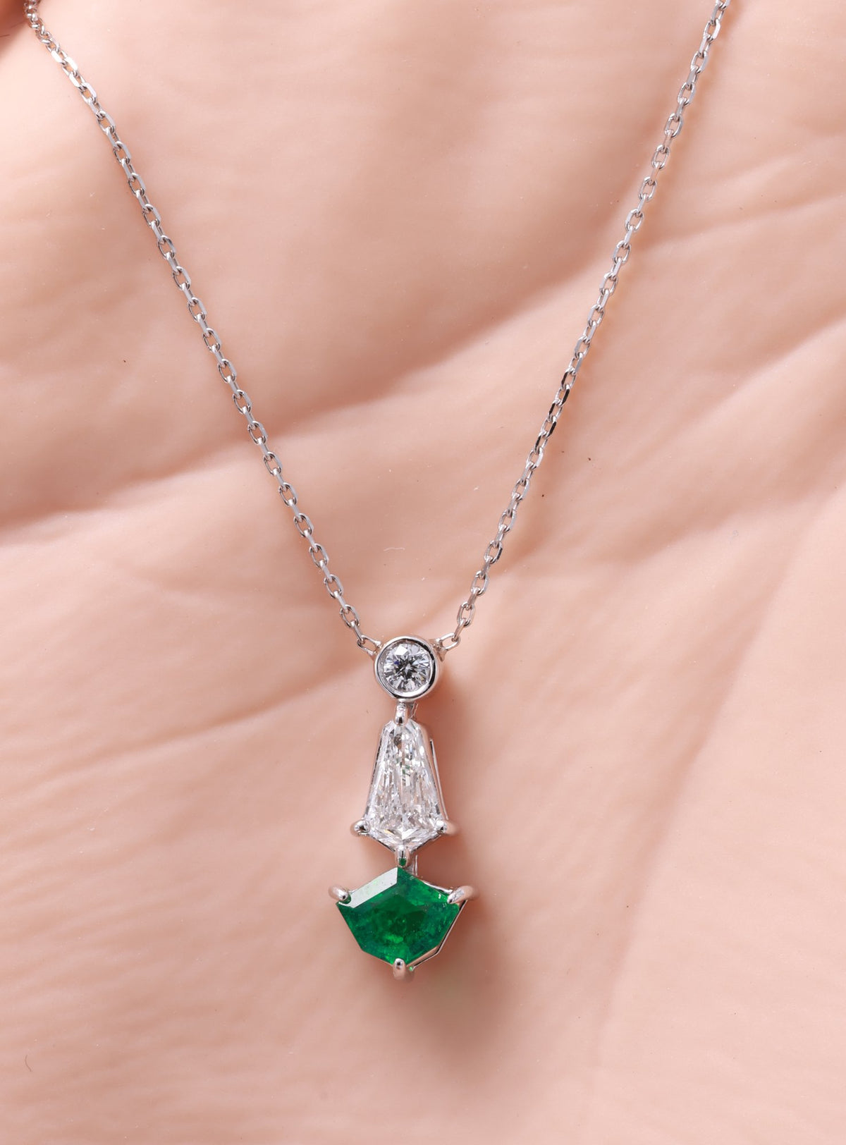 Zambian Emerald Shield Drop Pendant in 18K white gold — view 3