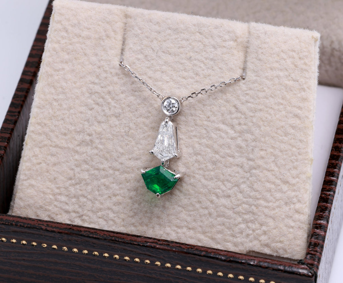 Zambian Emerald Shield Drop Pendant in 18K white gold — view 4