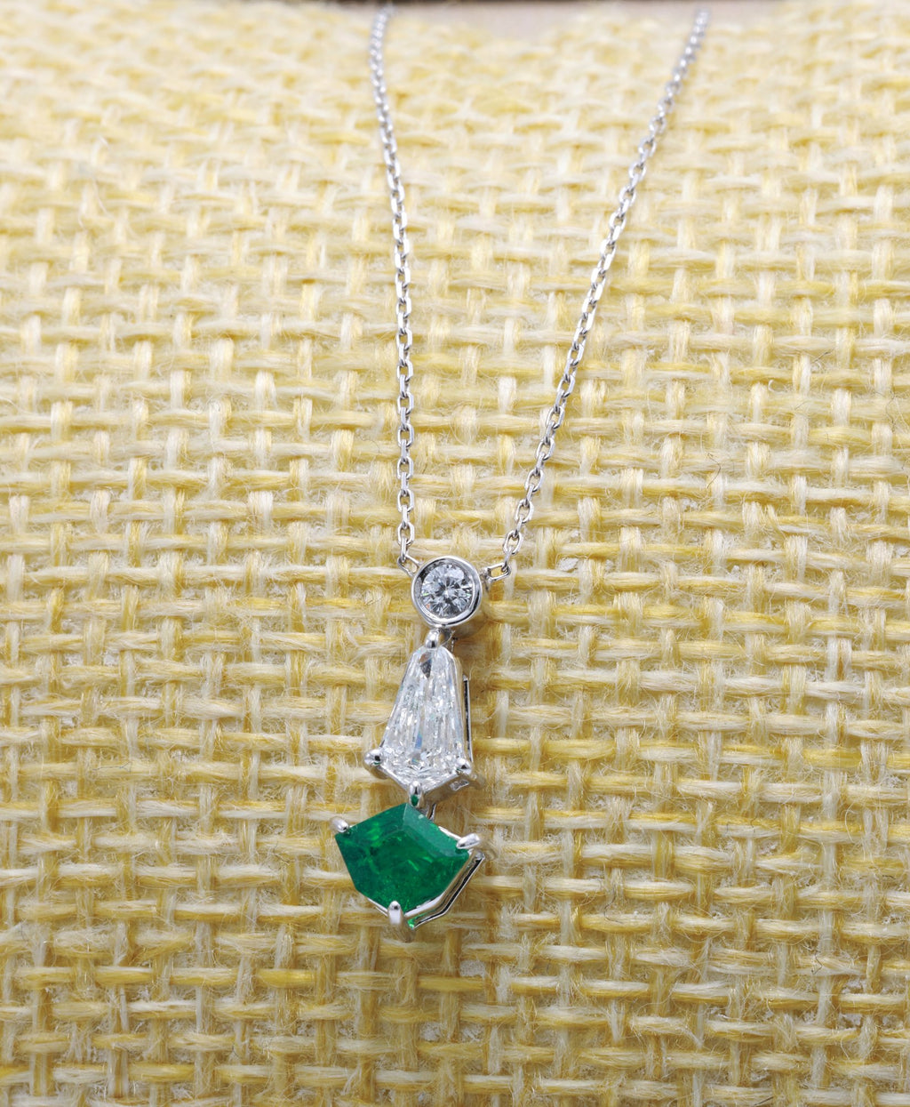 Zambian Emerald Shield Drop Pendant in 18K white gold — view 5