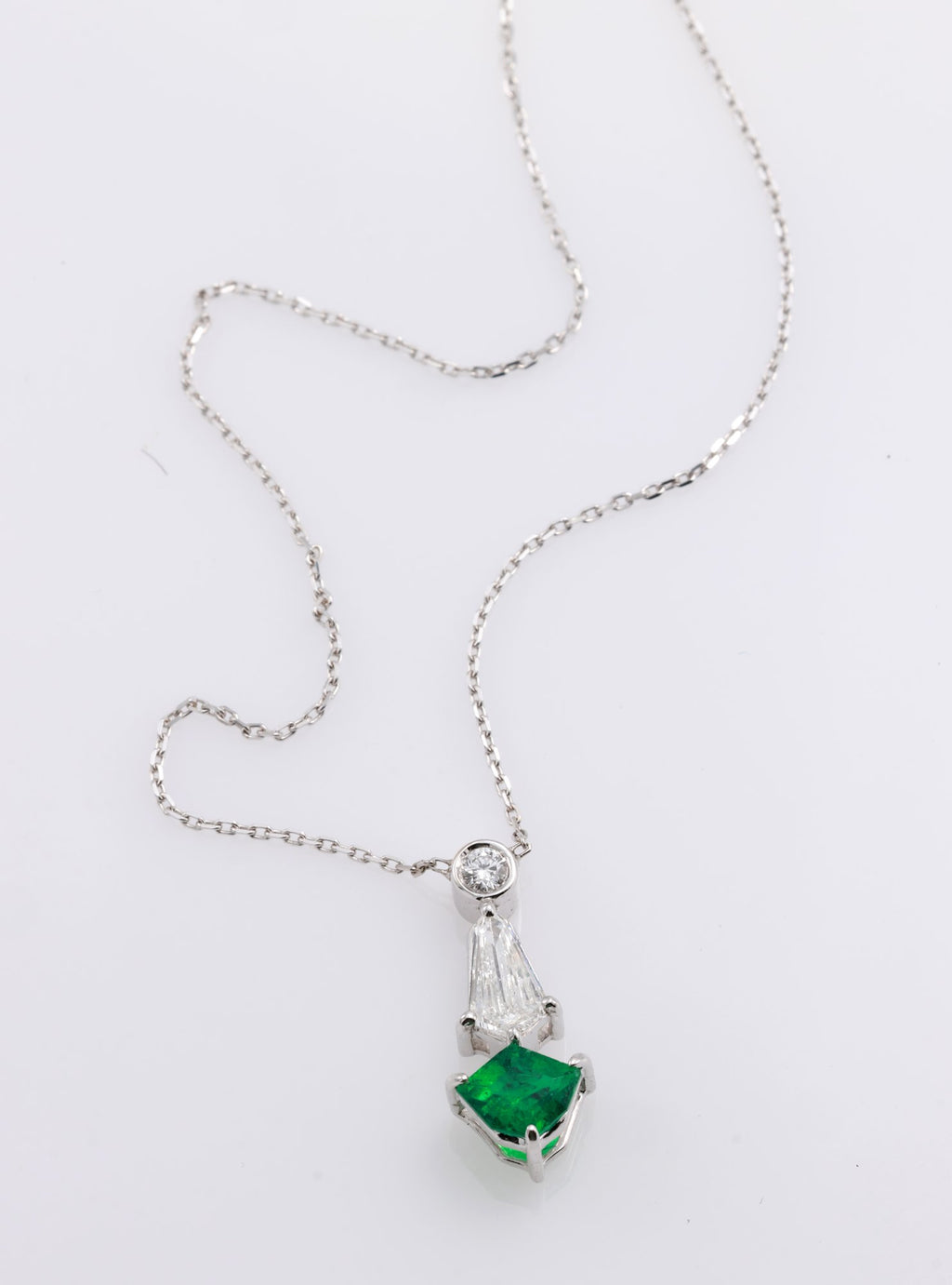 Zambian Emerald Shield Drop Pendant in 18K white gold — view 6