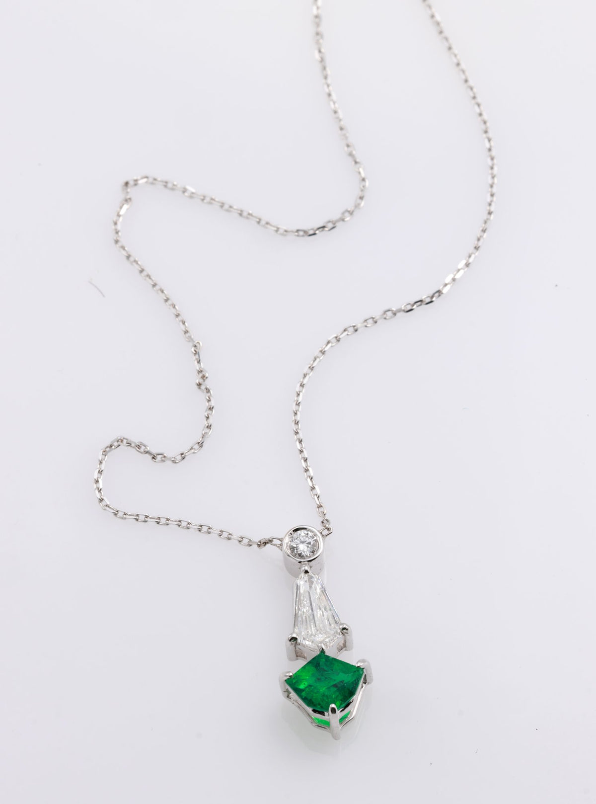 Zambian Emerald Shield Drop Pendant in 18K white gold — view 6