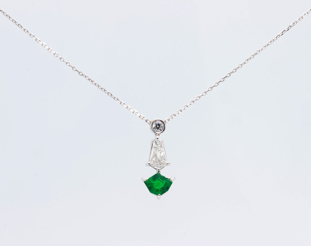 Zambian Emerald Shield Drop Pendant in 18K white gold — view 7