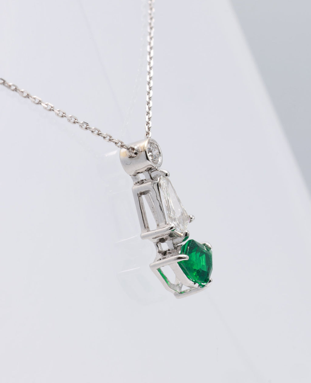 Zambian Emerald Shield Drop Pendant in 18K white gold — view 8