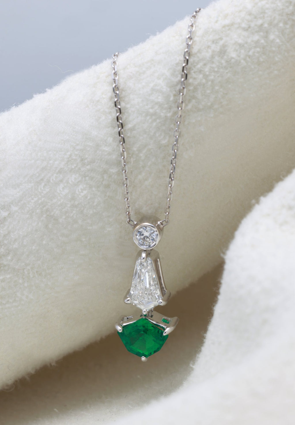 Zambian Emerald Shield Drop Pendant in 18K white gold — view 10
